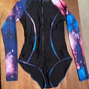 Galaxy Print Long Sleeve One Piece Swimsuit